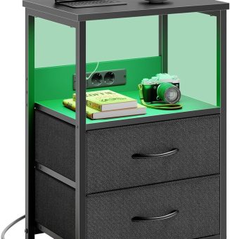 Rolanstar Beistelltisch mit LED-Beleuchtung, Nachttisch mit 2 Schubladen, USB-Anschluss & versteckter Steckdose, Sofatisch für Schlafzimmer und Wohnzimmer, Schwarz